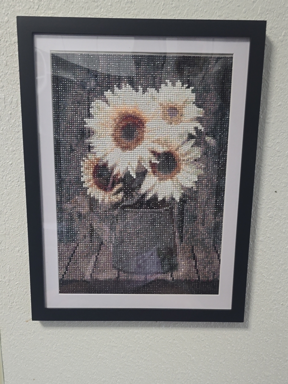 Framed Sunflower Diamond Wall Art Print in White and Brown